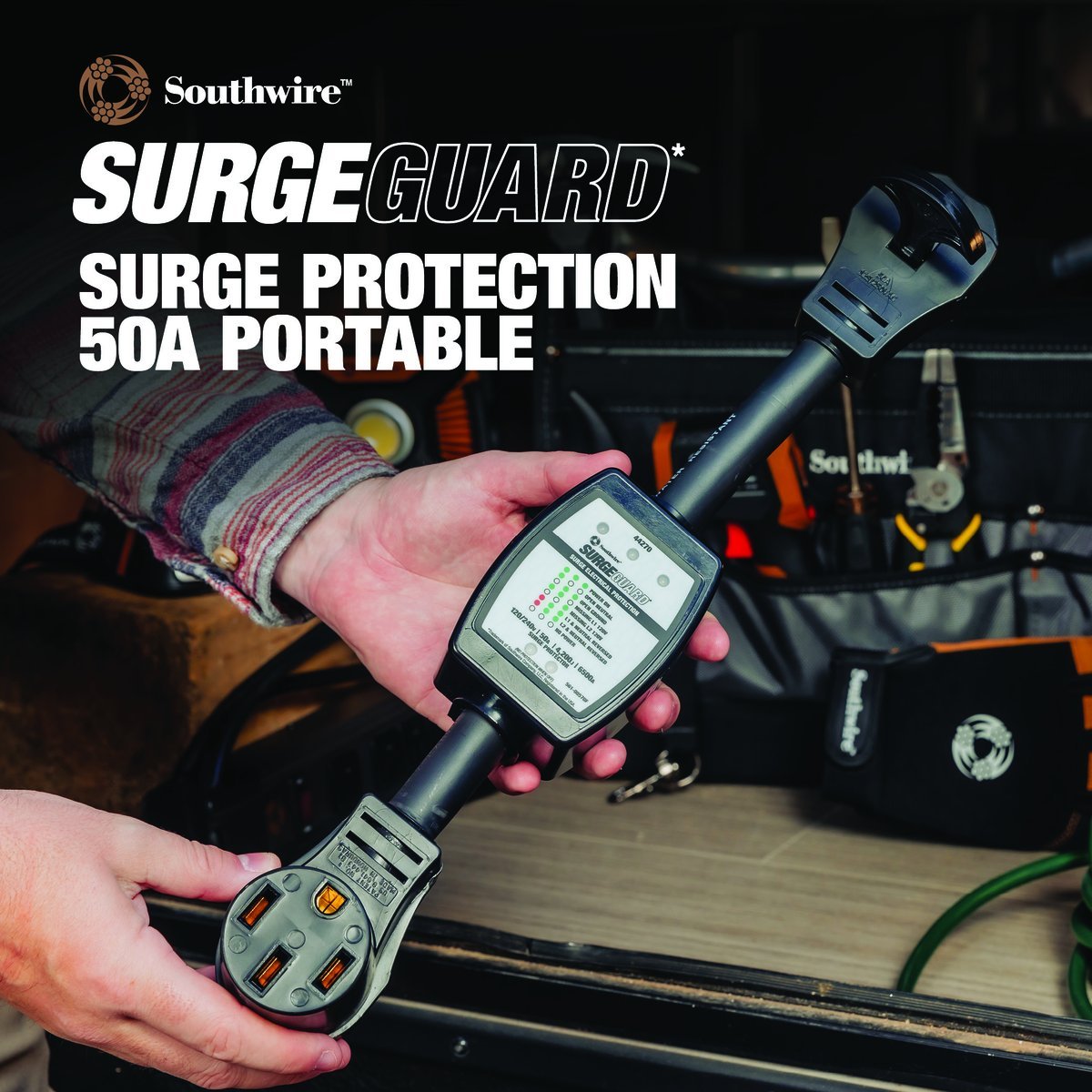 Southwire 50 AMP surge protector connected at RV campground pedestal