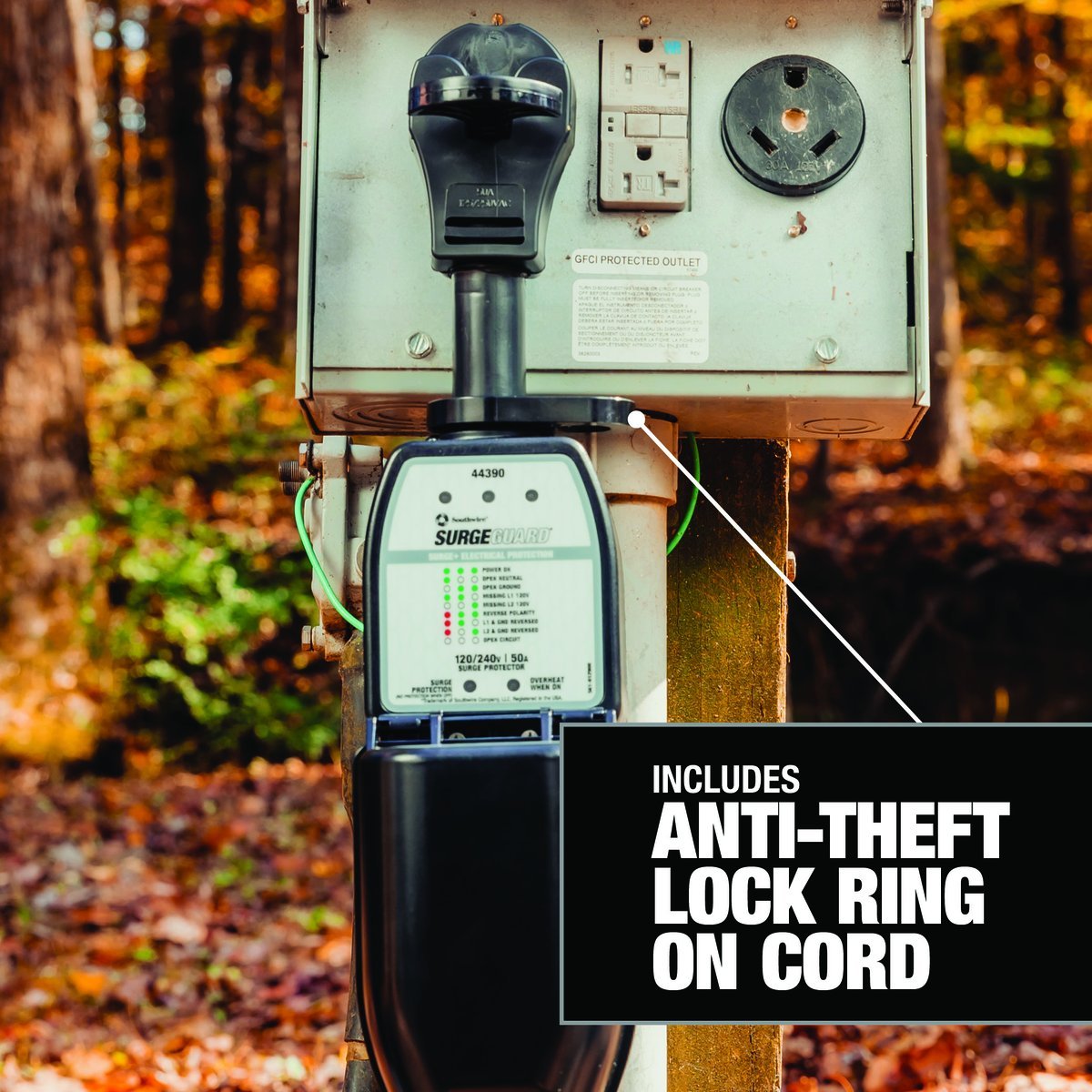 Southwire 44390 RV surge protector anti-theft lock ring at power pedestal