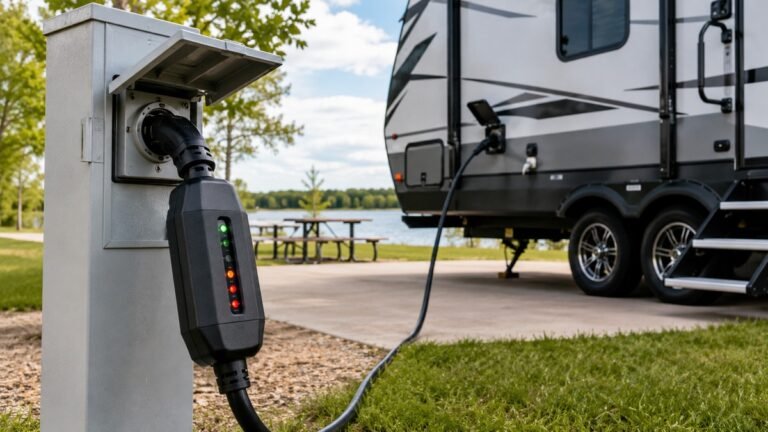 RV power protection checklist with a portable surge protector connected to a campground pedestal