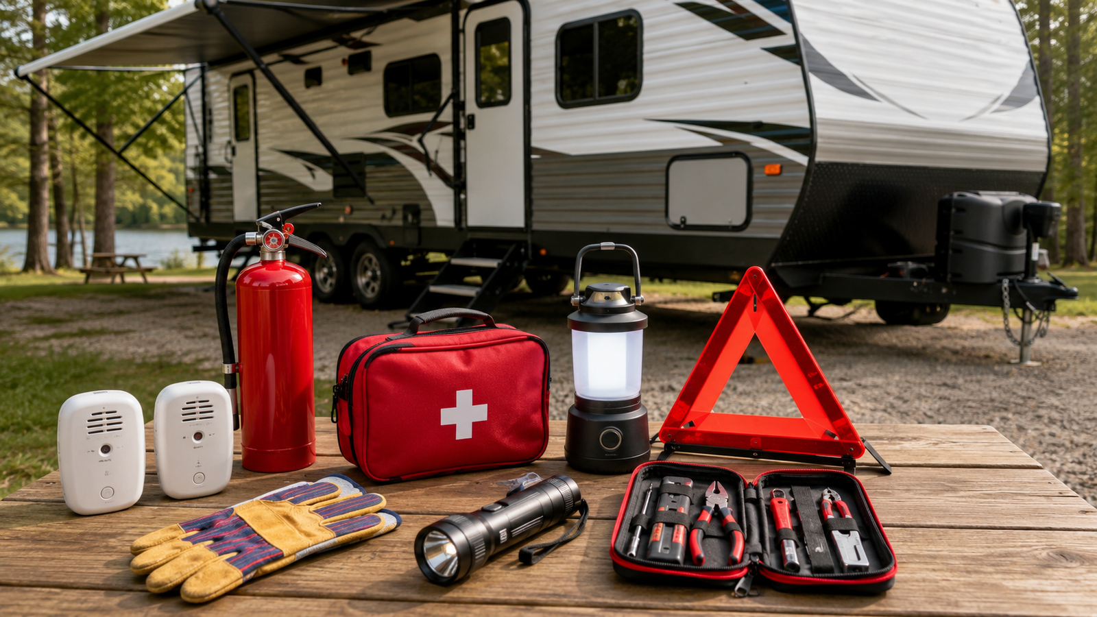RV safety gear every camper should carry arranged at a campsite beside a travel trailer